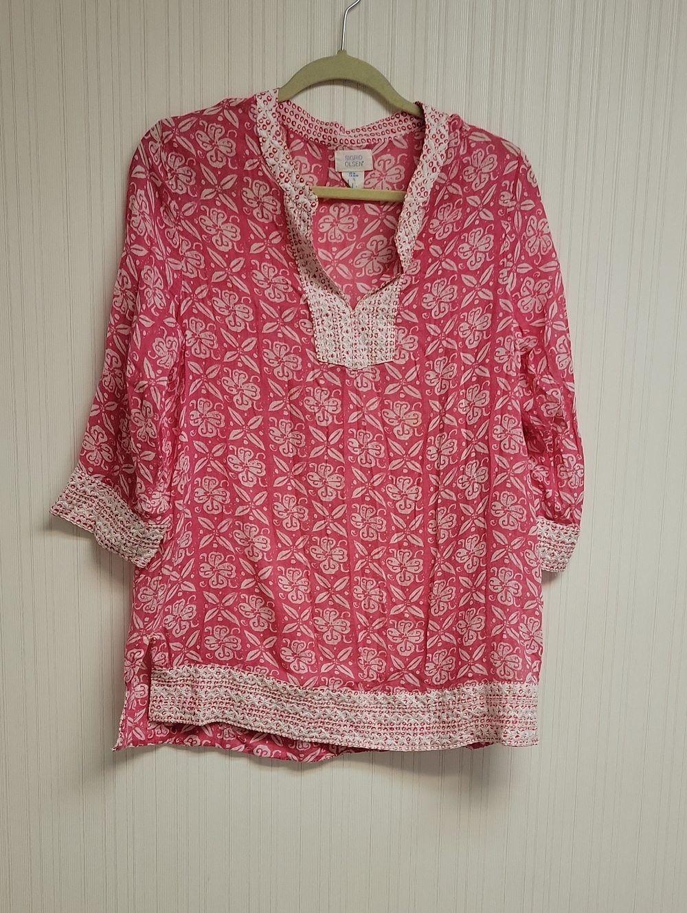 Sigrid Olsen Pink Printed Split V Neck Tunic Medium Coastal Grandma Lightweight